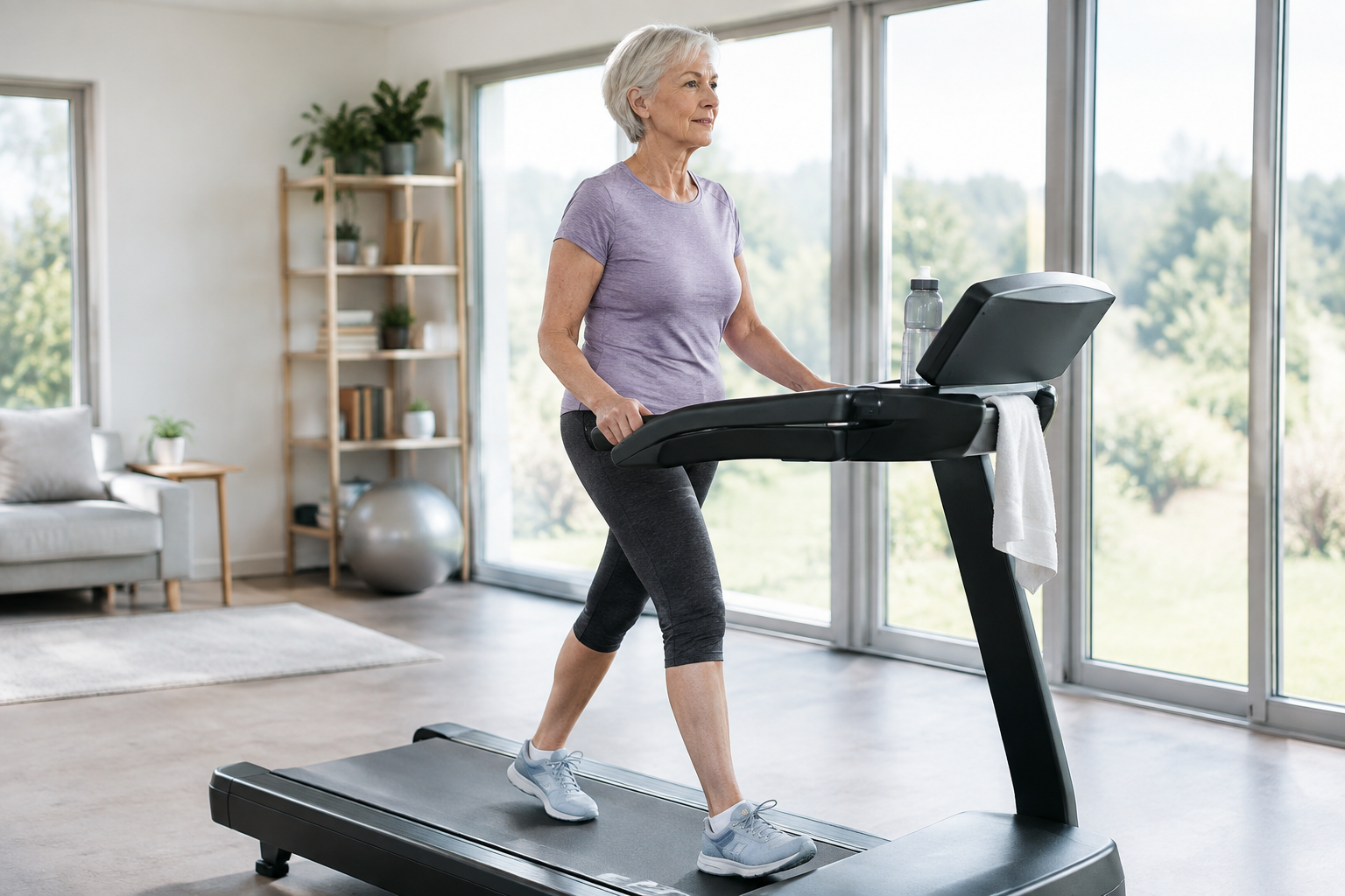 Senior woman walking indoors on a treadmill in a bright home gym