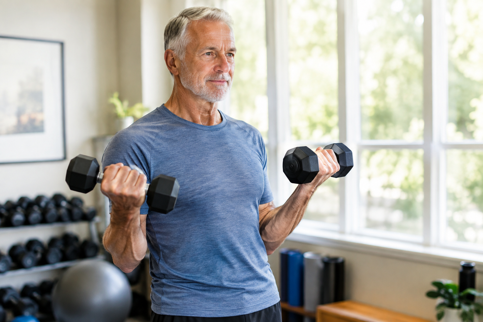 Senior man doing light strength training to illustrate normal age-related muscle loss