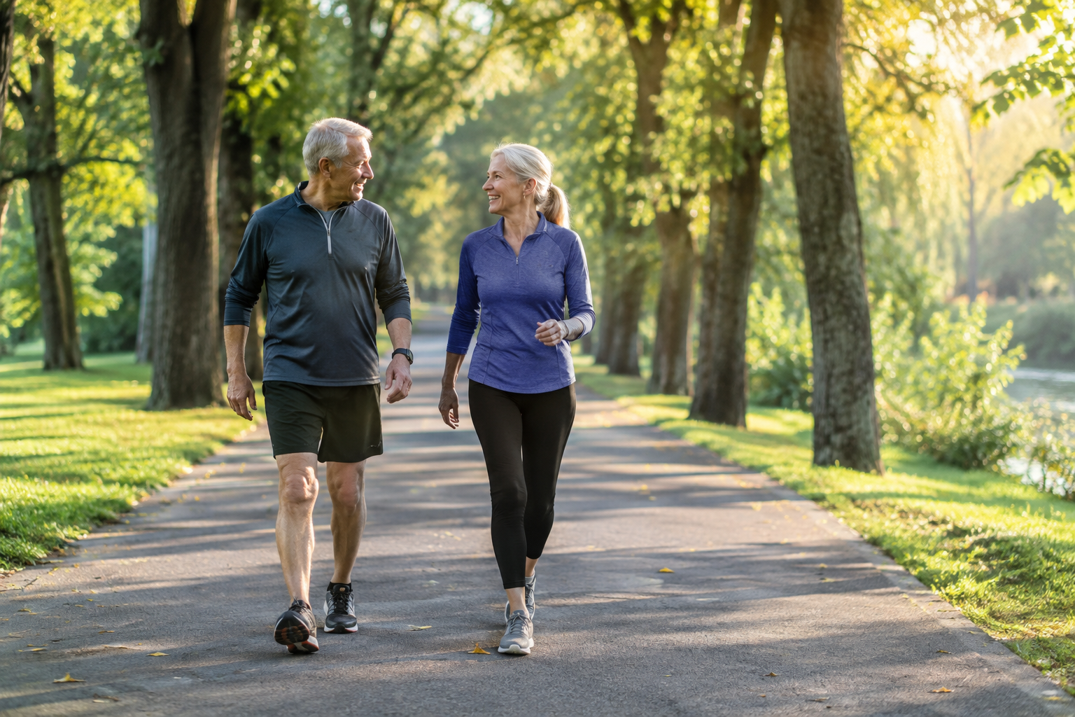 Senior couple walking outdoors on a tree-lined park path in the morning light