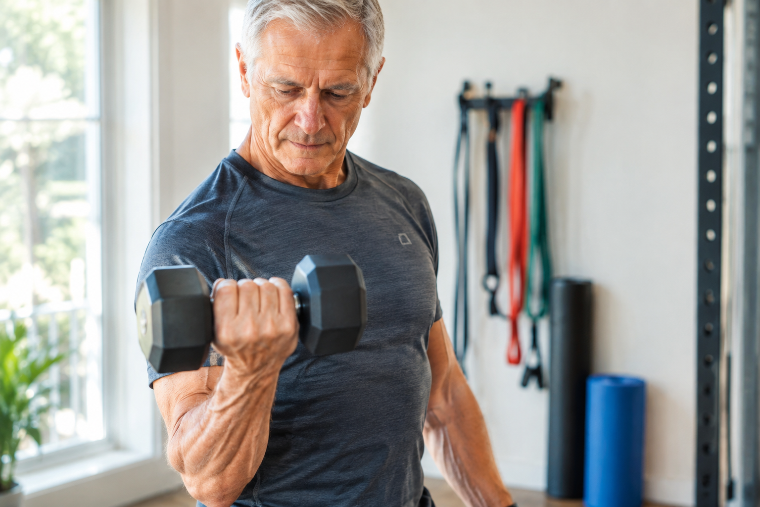 Senior man lifting a dumbbell in a home gym, illustrating strength training research