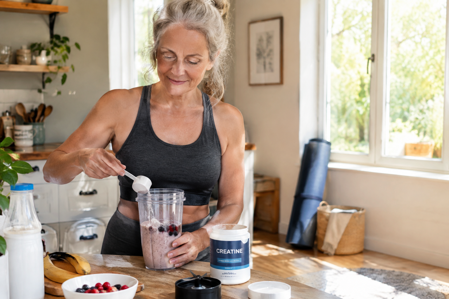 Older woman preparing a post-workout smoothie with creatine powder at home