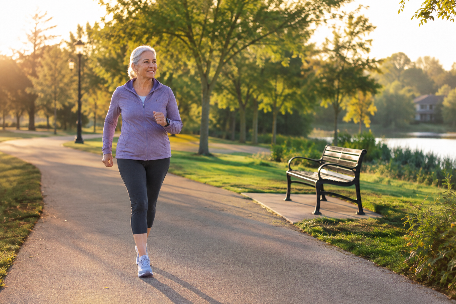 Senior woman walking on a park path illustrating a walk-rest interval routine