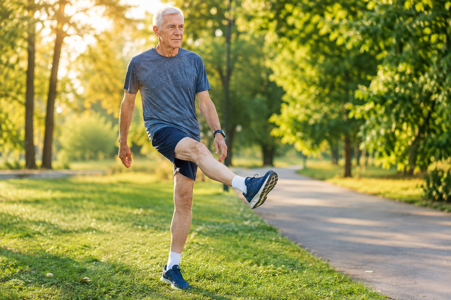 Senior man performing a dynamic leg swing stretch outdoors before exercise