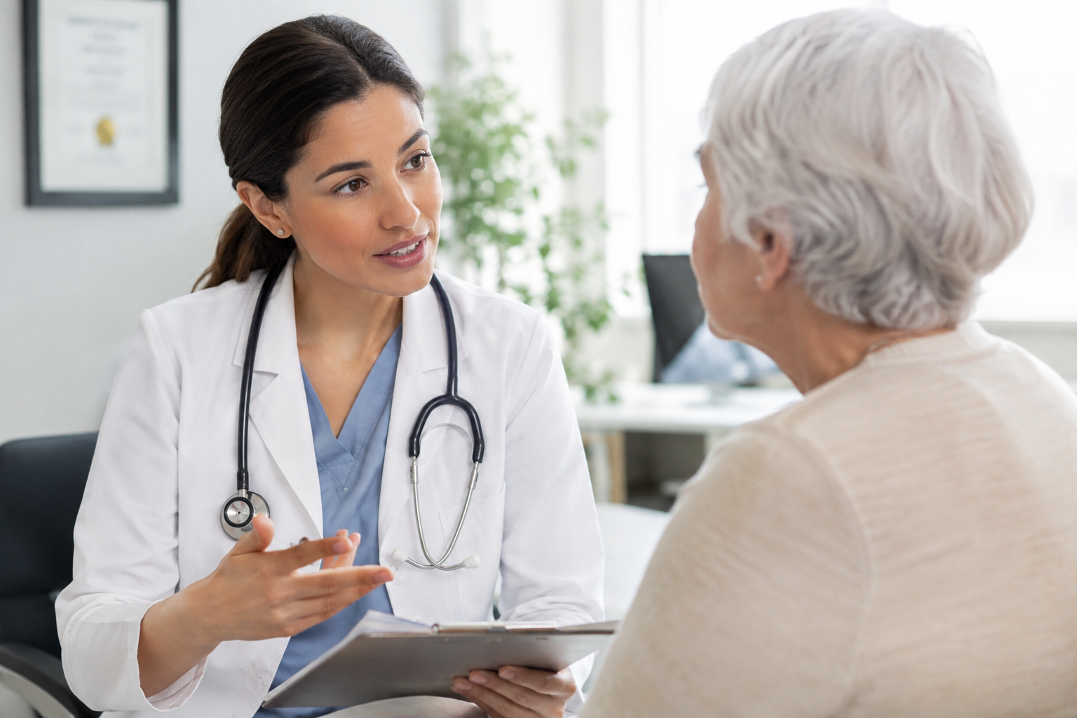 Doctor discussing fluid intake needs with an elderly patient during a medical consultation