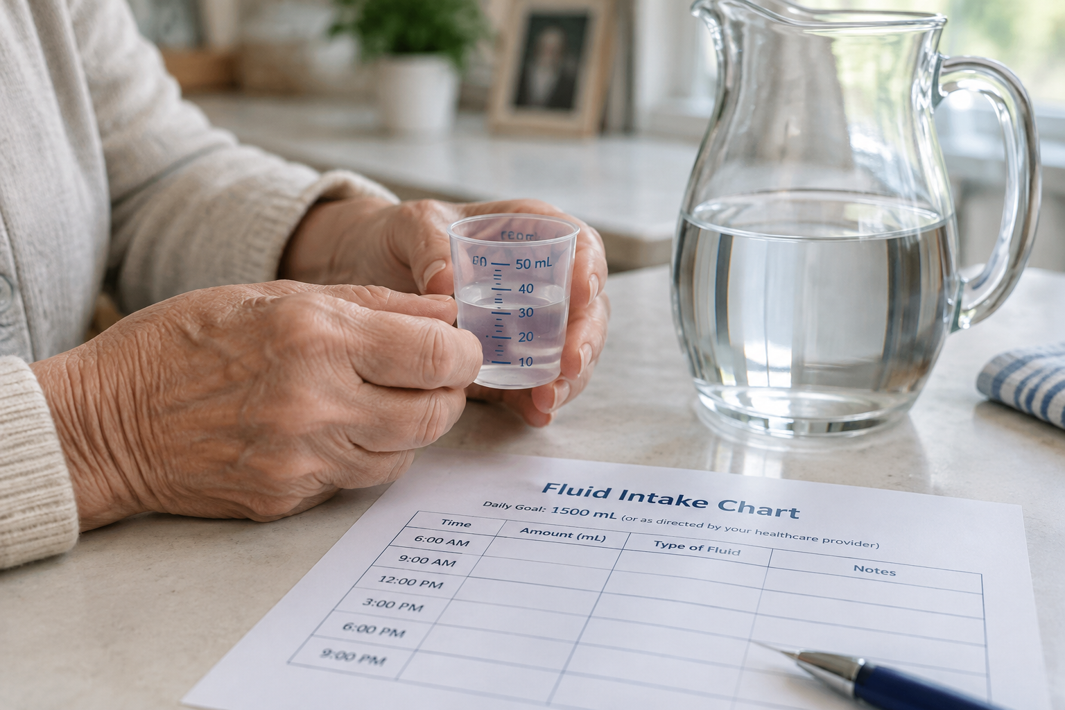 Hands measuring a controlled amount of water due to fluid restriction guidelines