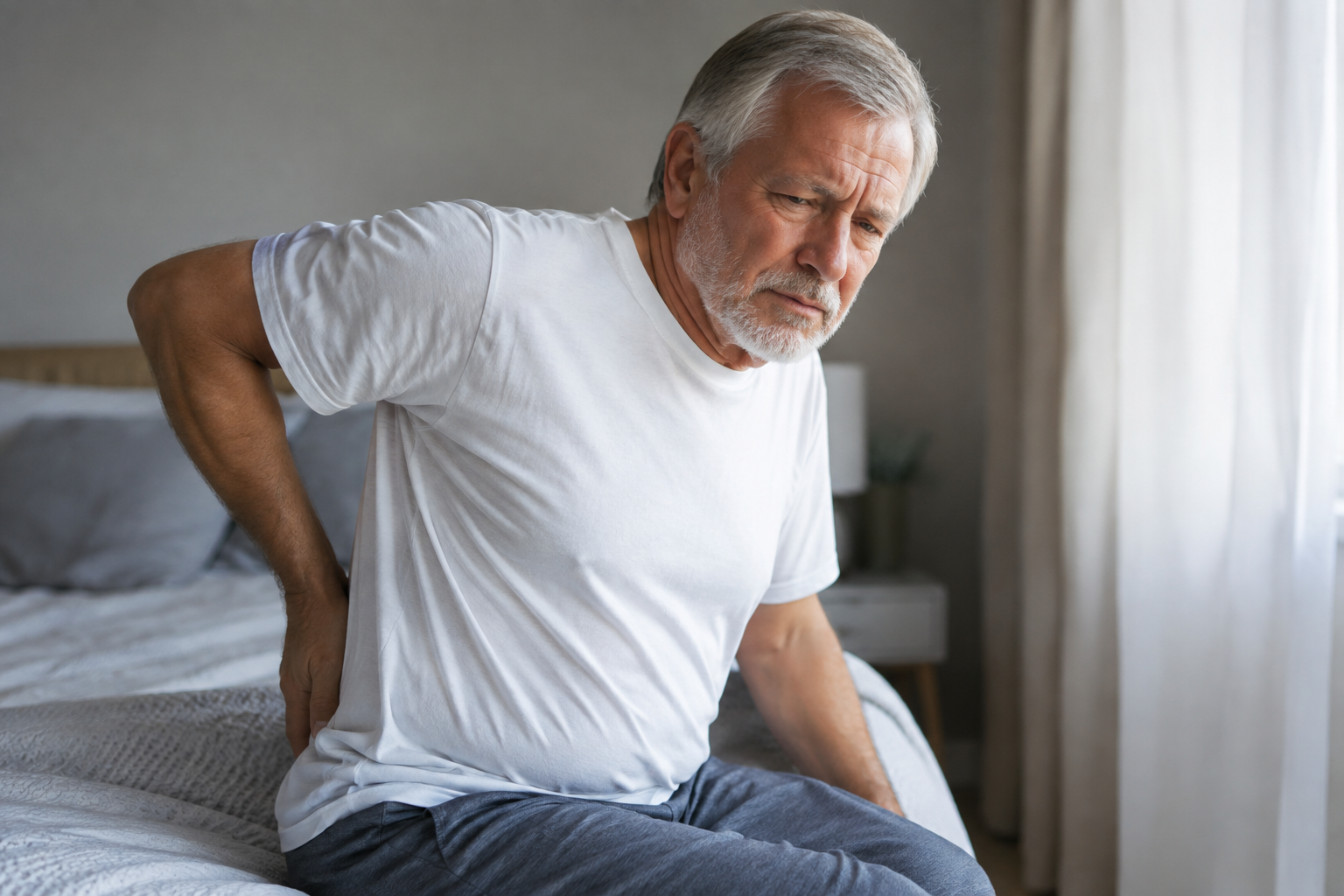 Senior man showing concern about persistent pain beyond normal soreness