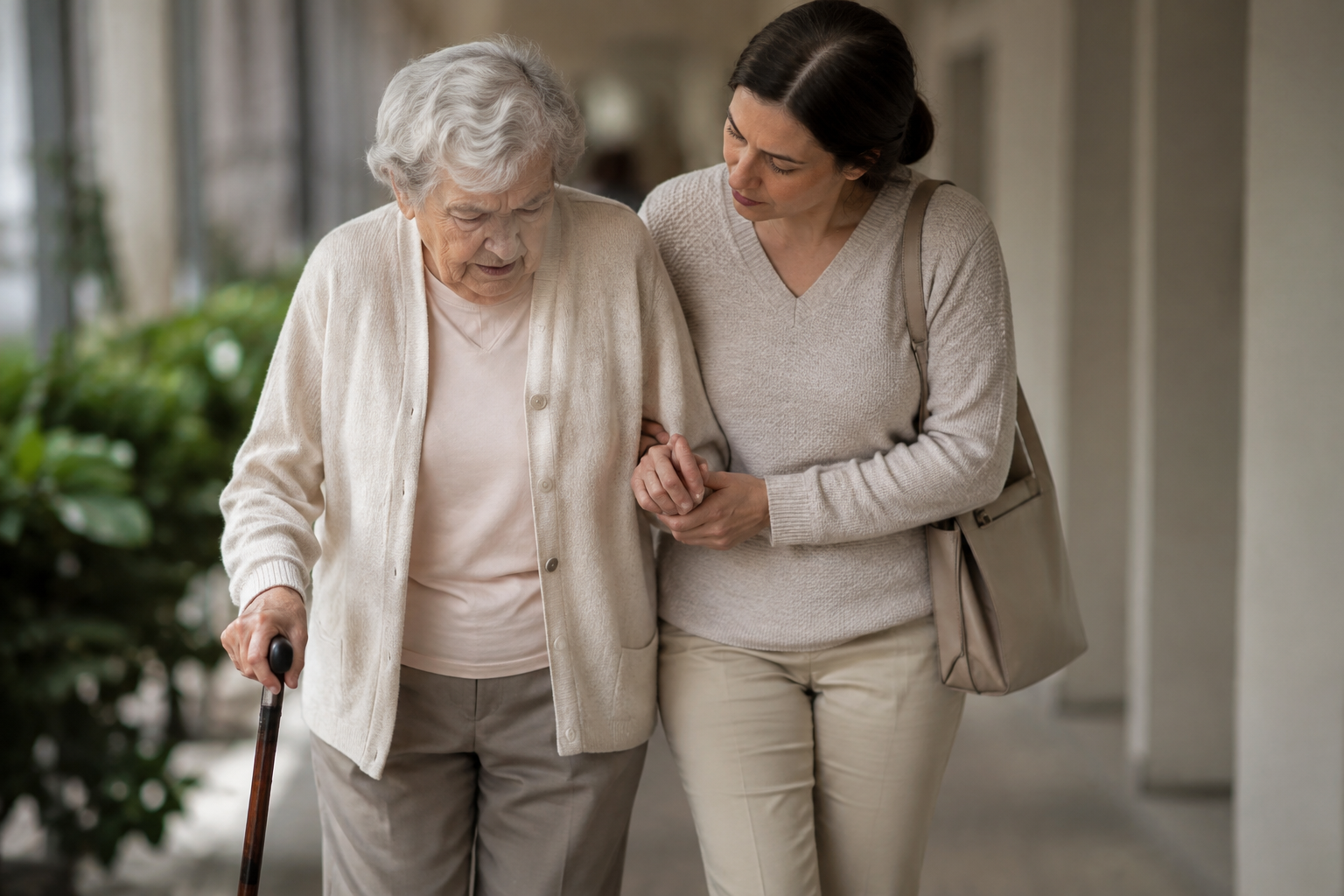 Adult daughter helping elderly mother walk slowly with a cane