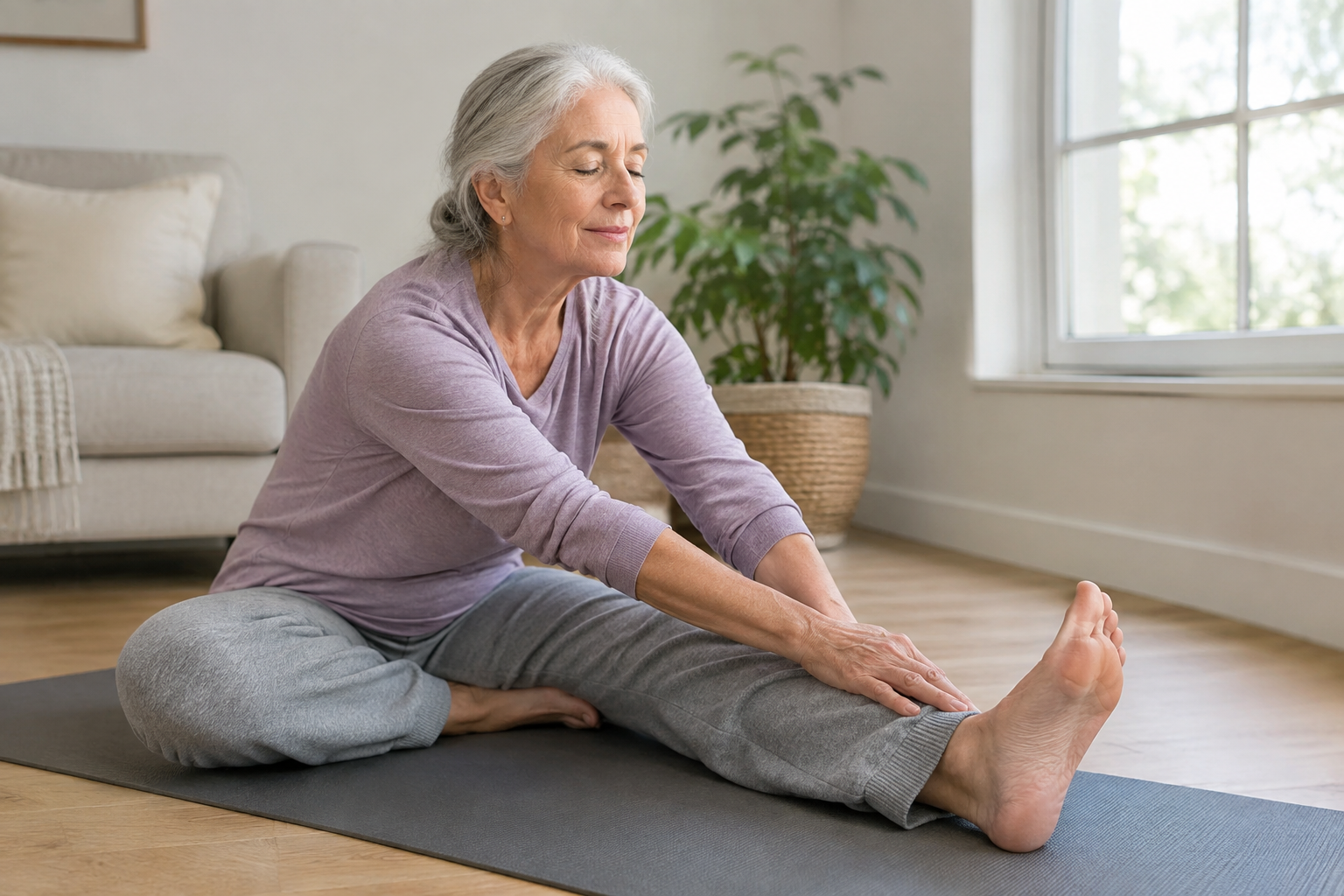 Senior woman doing a calm seated static hamstring stretch indoors