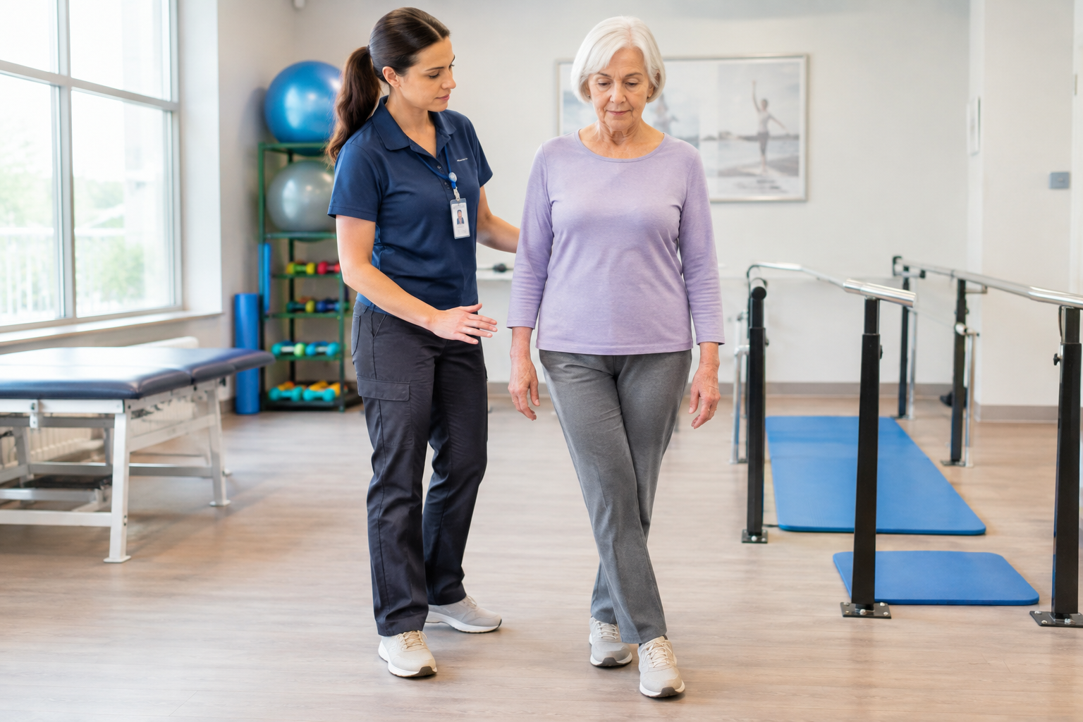 Physical therapist supervising an elderly patient during a tandem stance balance assessment