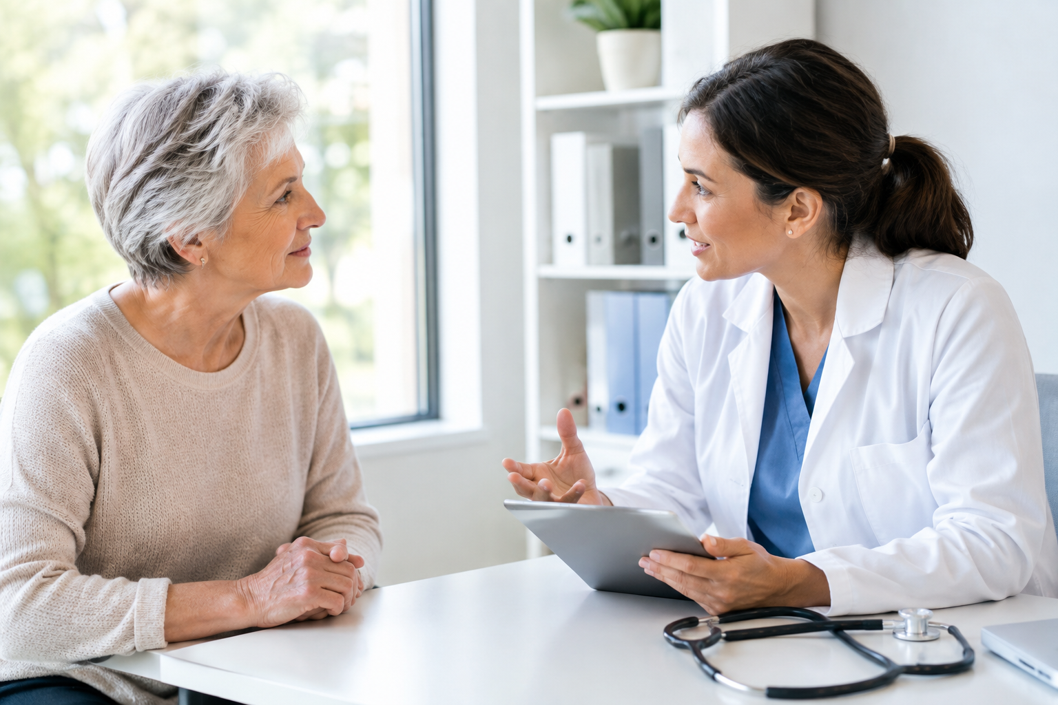 Senior woman discussing health concerns with her doctor in a bright medical office
