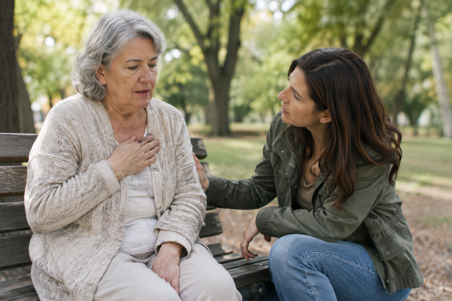 Senior woman resting on a bench while a companion checks on her wellbeing