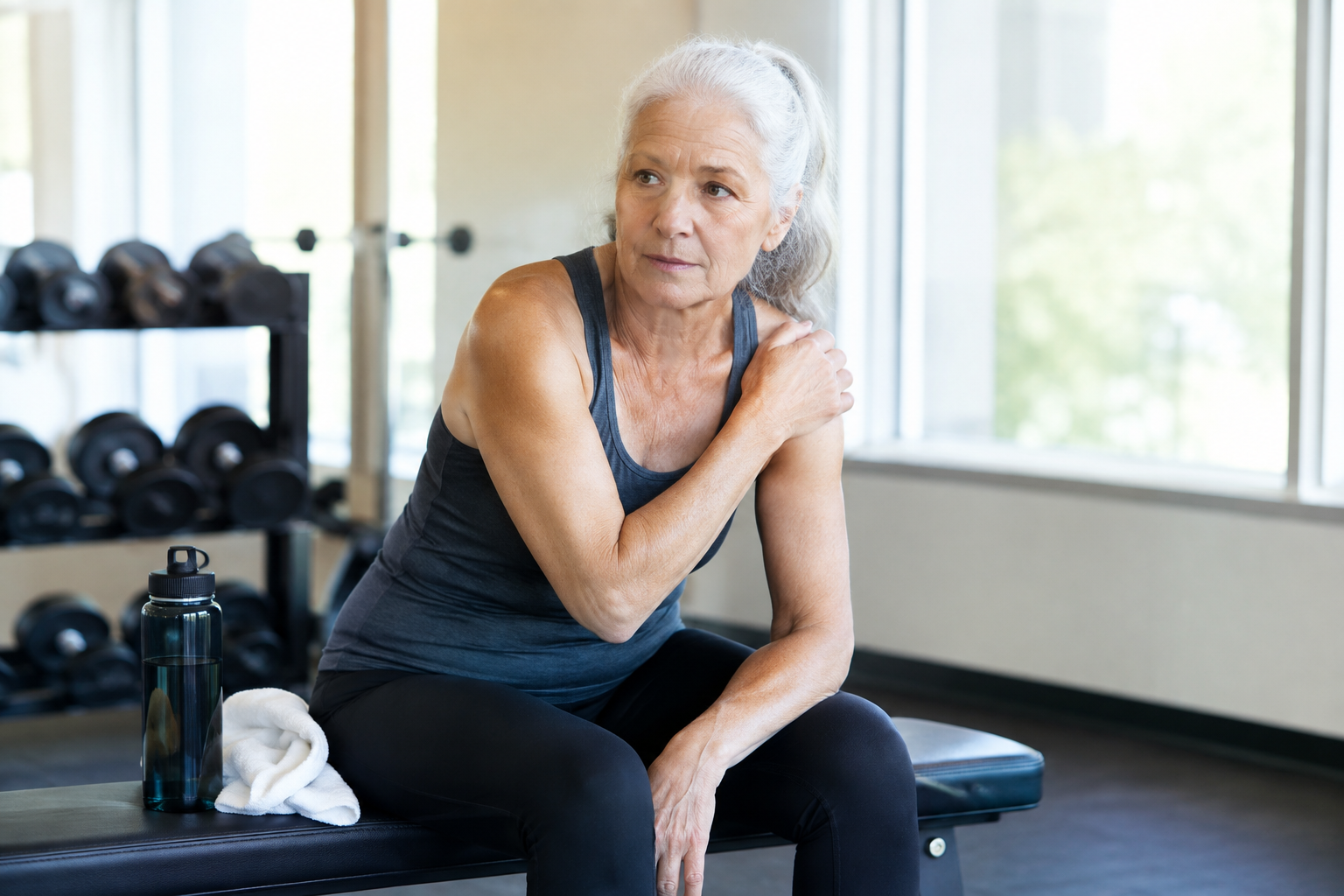 Senior woman pausing during workout to check in with her body
