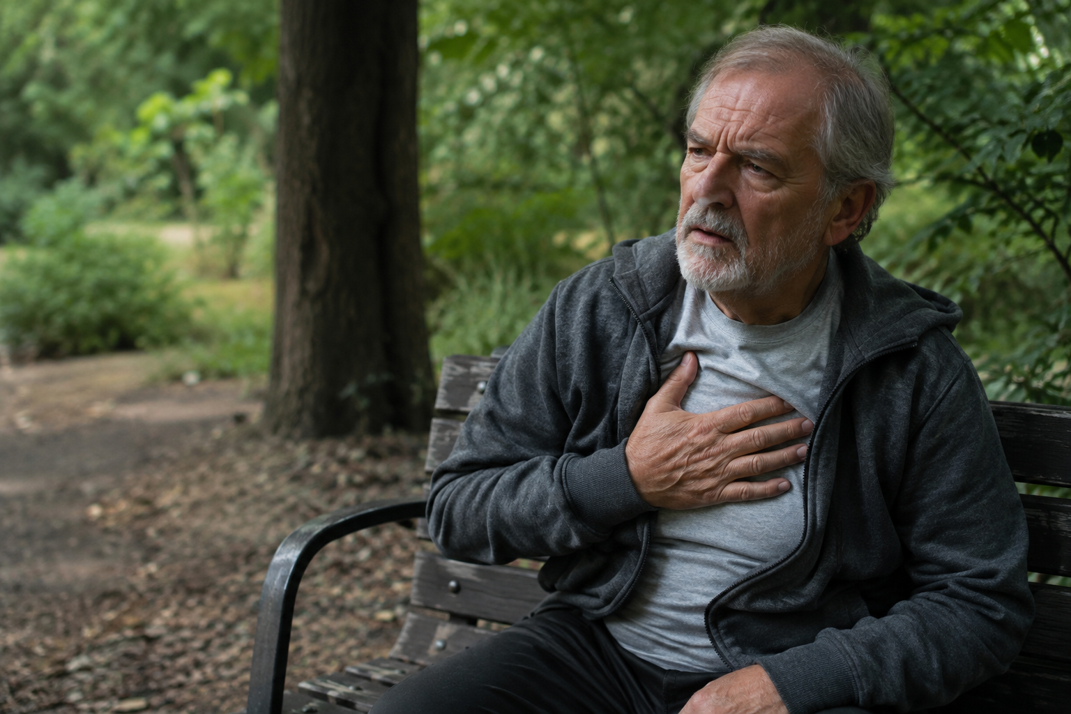 Elderly man pausing to rest and catch his breath during a walk