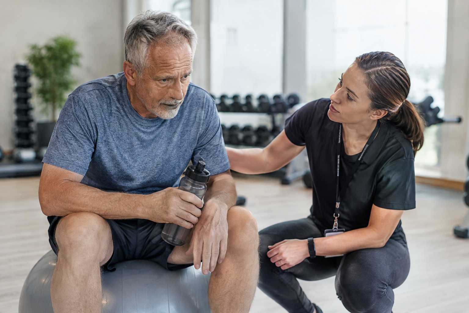 Senior man pausing to rest during exercise with a trainer checking on him, illustrating when to stop strength training
