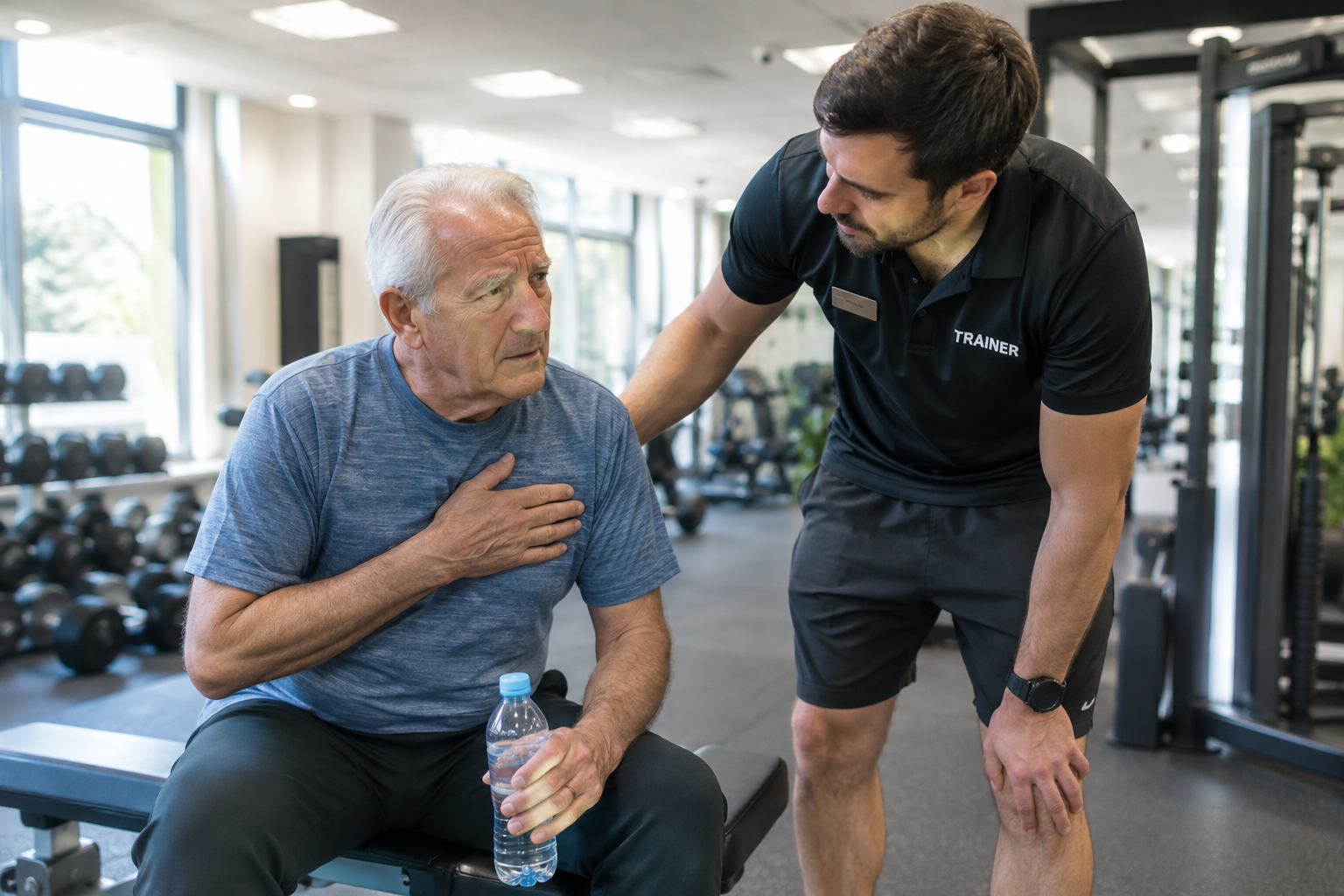 Senior man pausing his workout as a trainer checks on his wellbeing