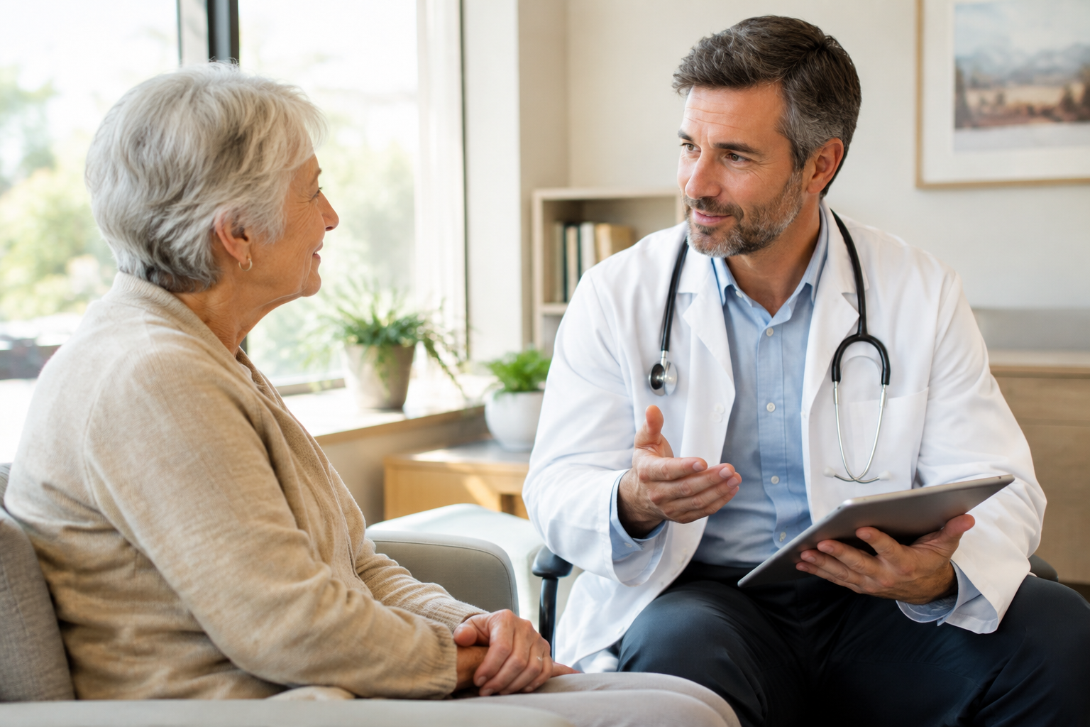 Senior patient discussing supplement use with their doctor in a medical office