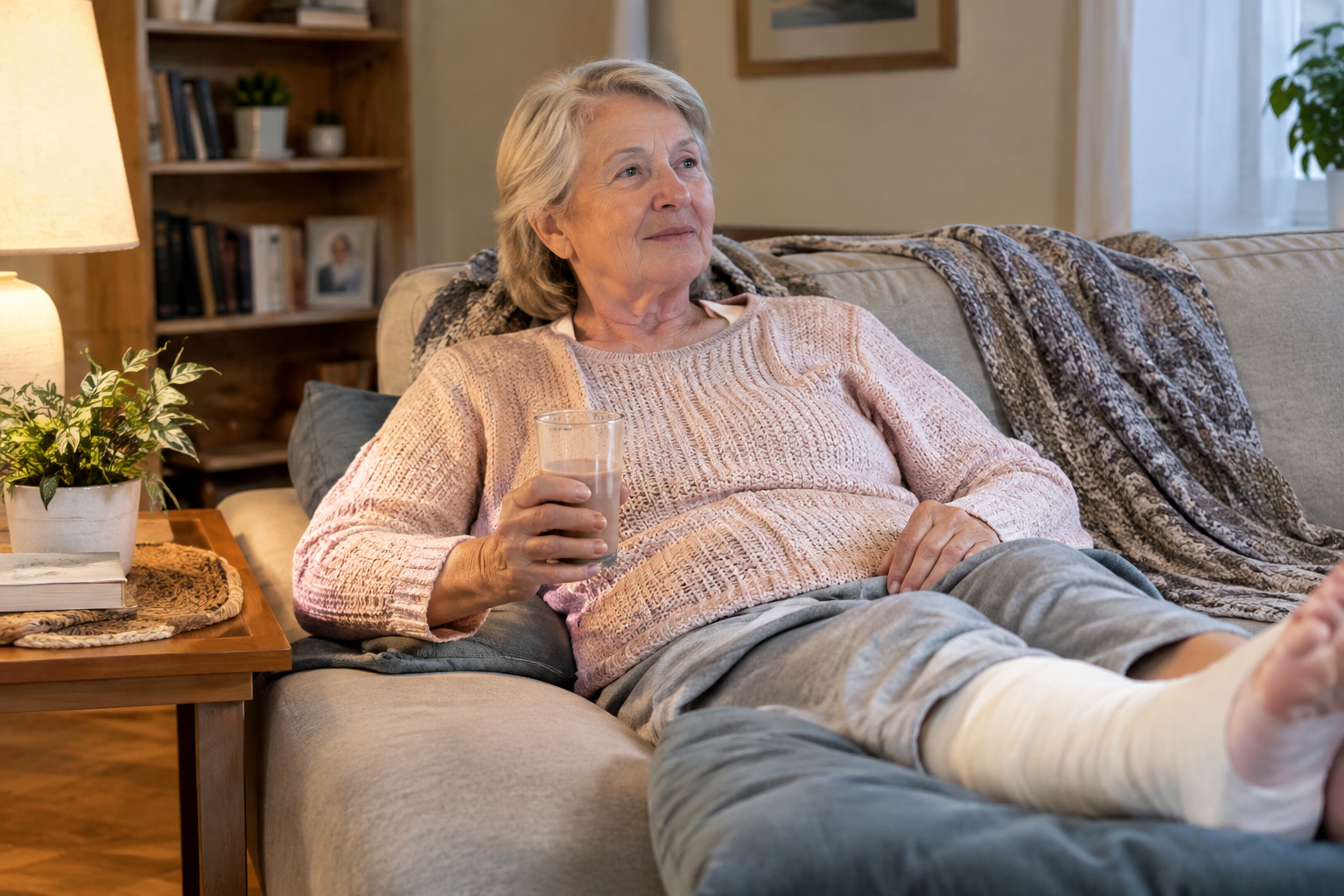 Senior woman recovering at home with a protein shake nearby, representing changing nutritional needs