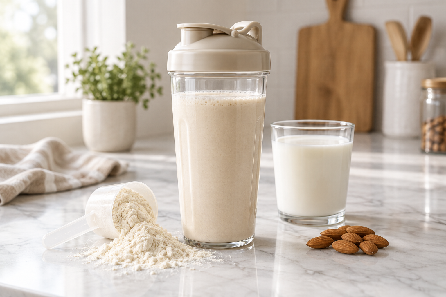 Whey protein shake and powder scoop on a kitchen counter