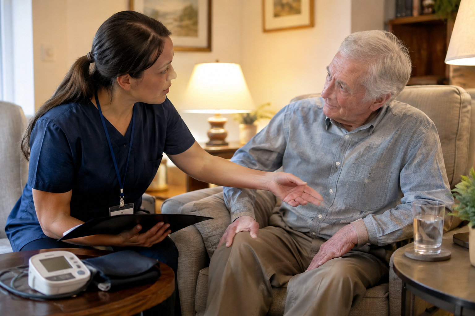 Caregiver discussing fluid intake guidelines with a senior man at home