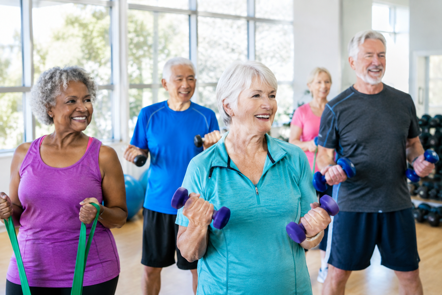 Group of active older adults exercising together in a fitness studio