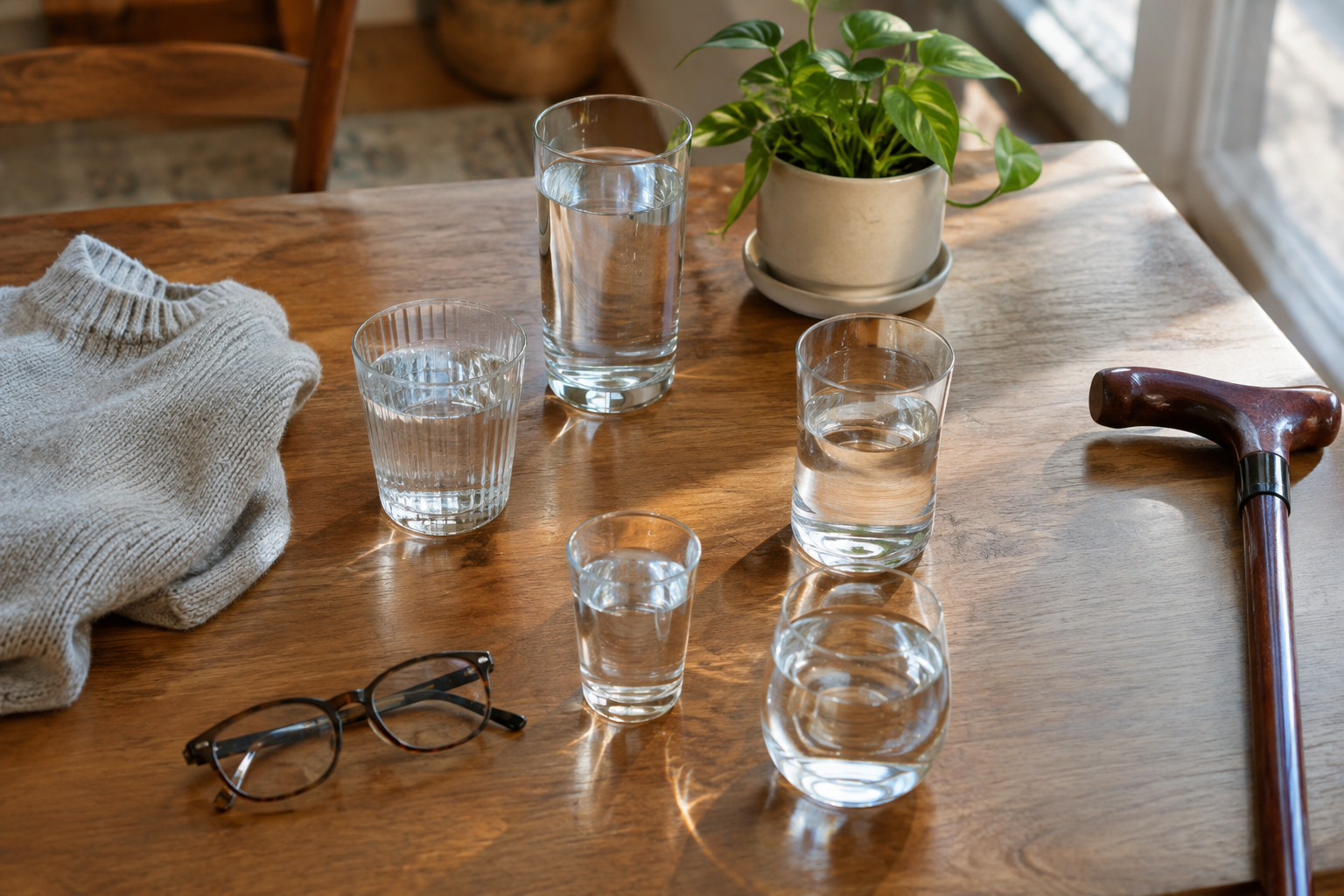 Assorted glasses of water with personal items symbolizing individual hydration needs