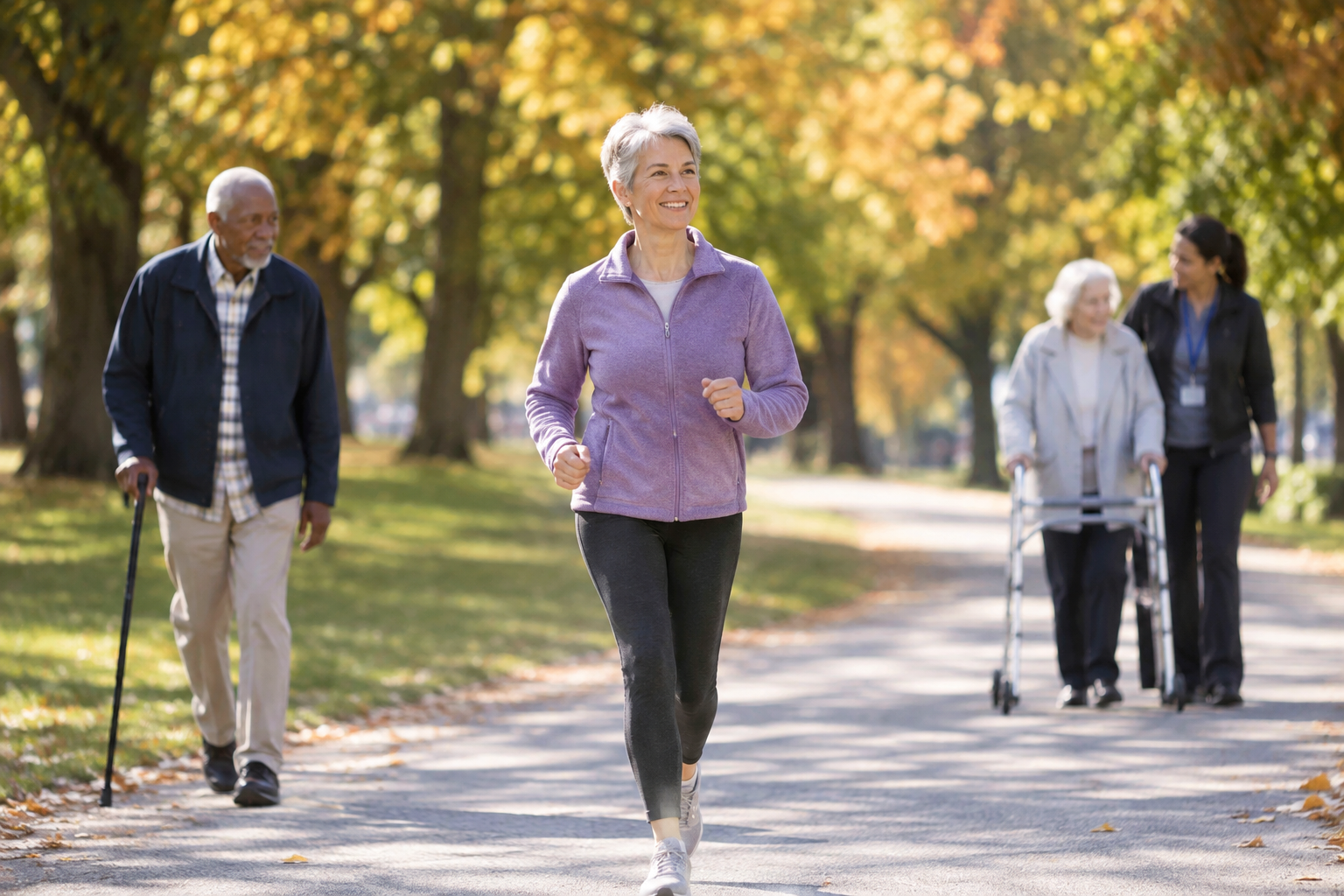 Three seniors with different mobility levels walking outdoors at their own pace