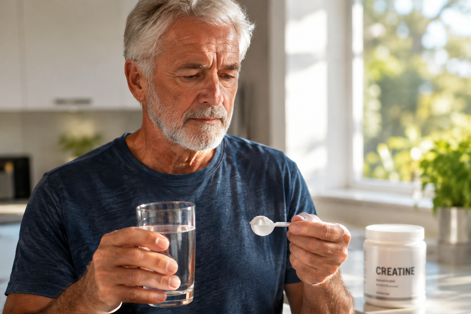 Older man examining a scoop of creatine powder in a kitchen