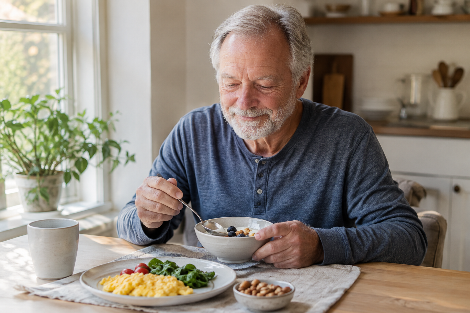Senior man eating a protein-rich breakfast at home on a rest day