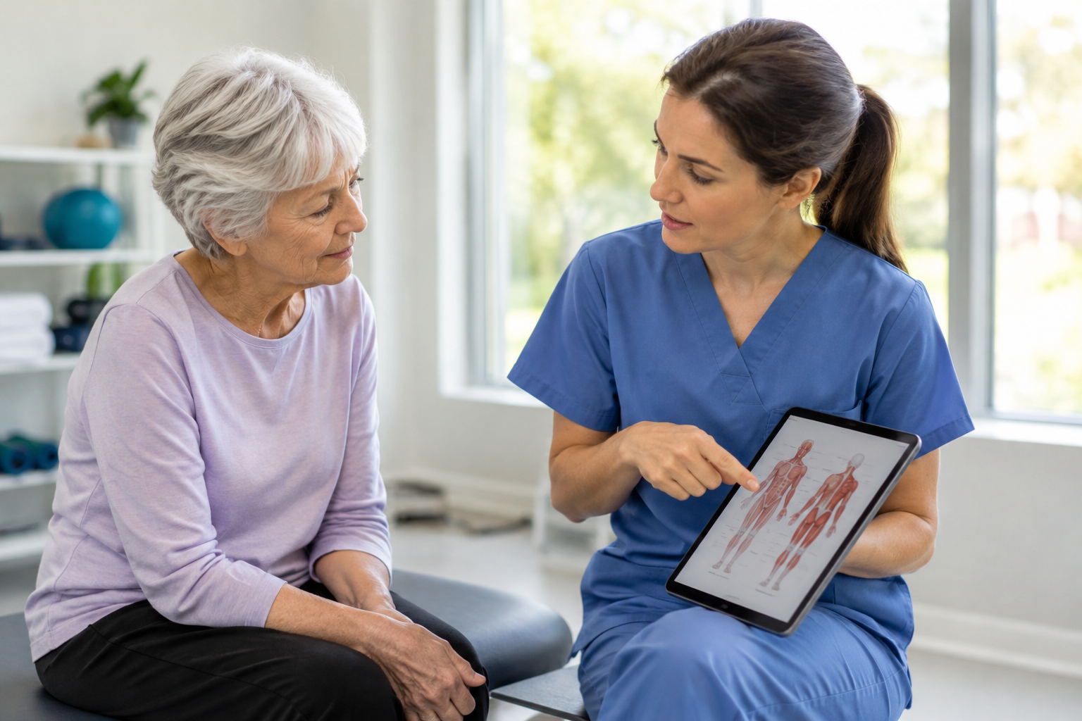 Elderly woman discussing muscle health assessment with a physical therapist