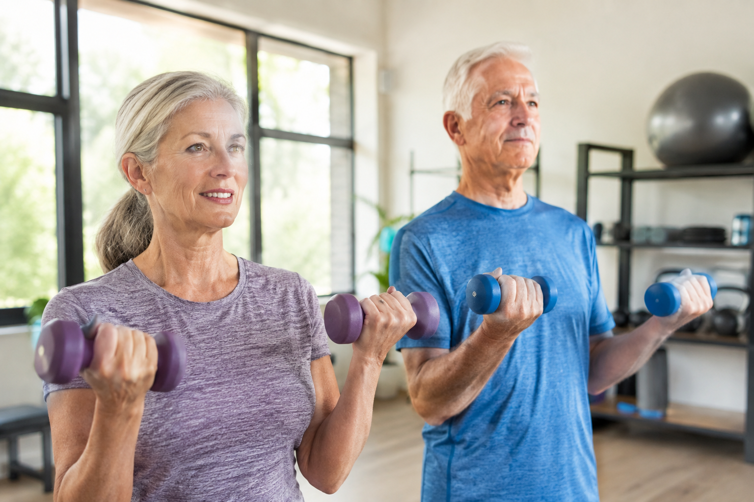 Older adults exercising together in a home gym setting