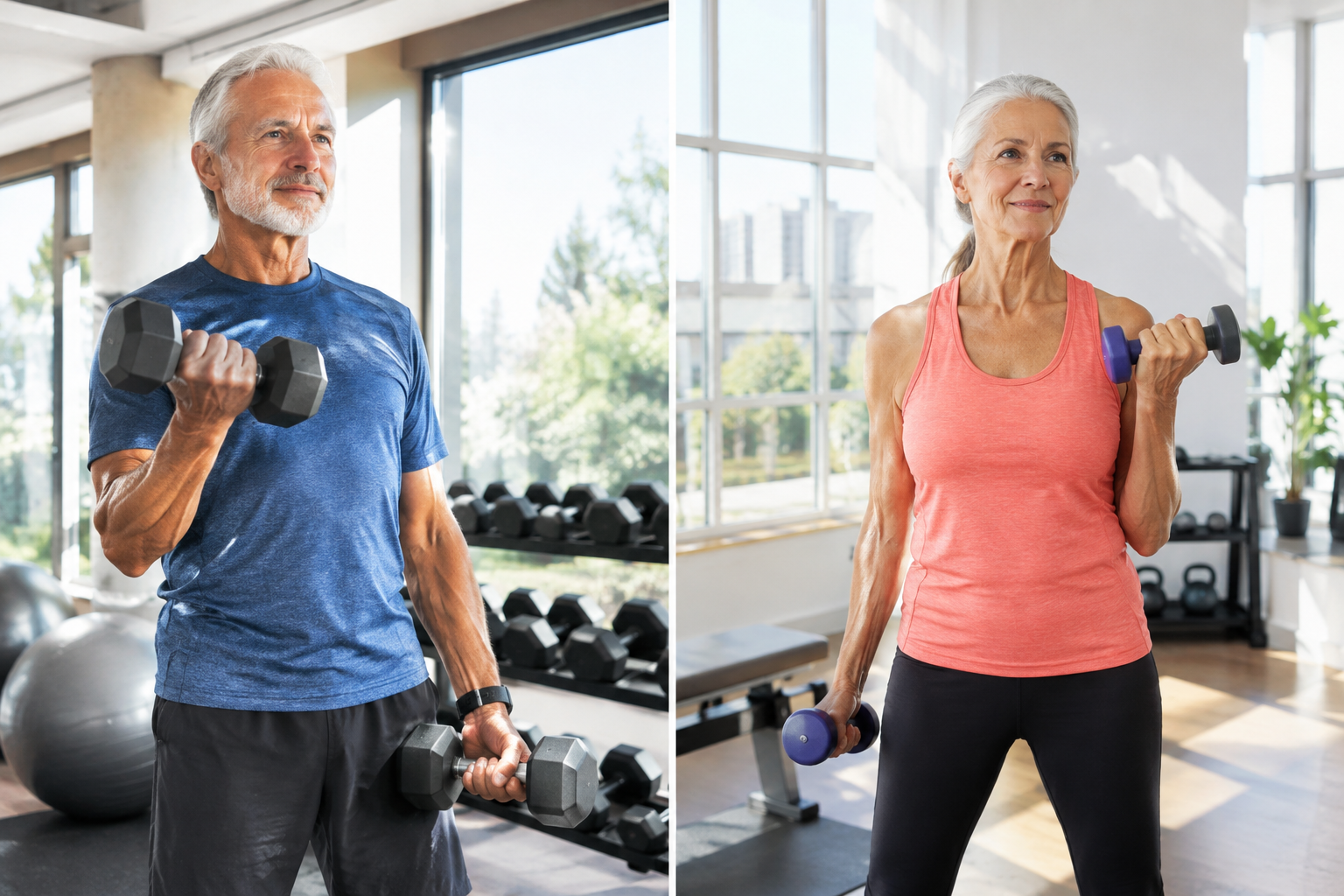 Two senior adults performing strength training exercises in a bright home gym setting