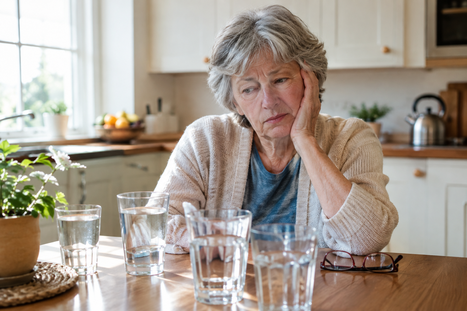 Elderly woman sitting at a table with multiple glasses of water, looking thoughtful